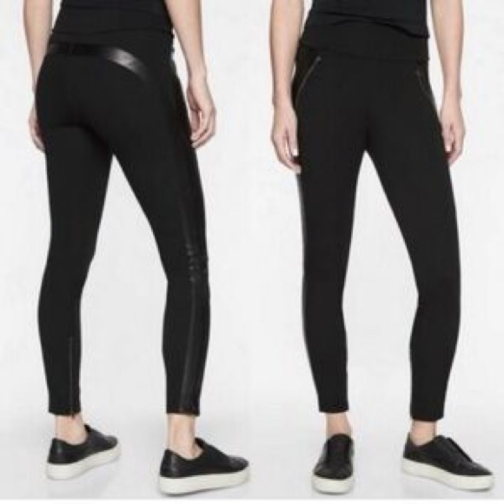 ATHLETA Moto Leggings Petite 4 Black Faux Leather Trim Ankle Zip Sienna Ponte
